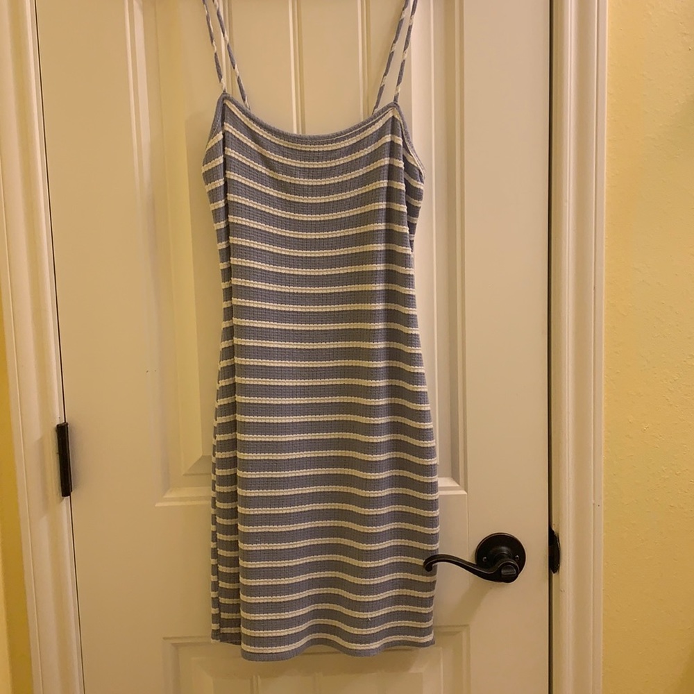 Blue and white striped body-con dress